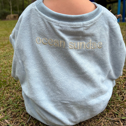 Light blue sweatshirt with 'ocean sundae' text worn by a person outdoors.